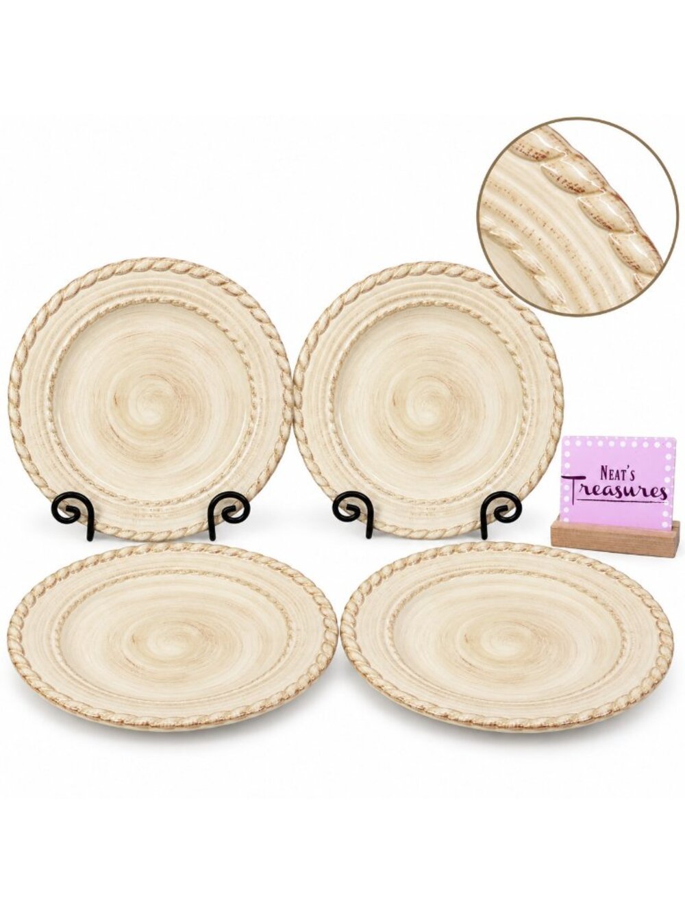Roscher & Co BELLINI CREAM Embossed Rope Ring Earthenware  Dinner Plates Set 4